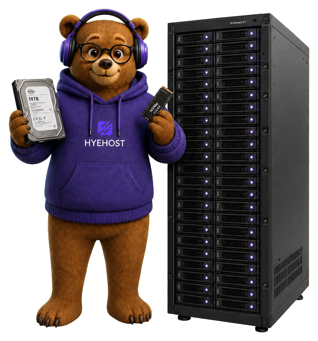 HYEHOST Storage VPS mascot with enterprise HDD, NVMe cache and JBOD shelf