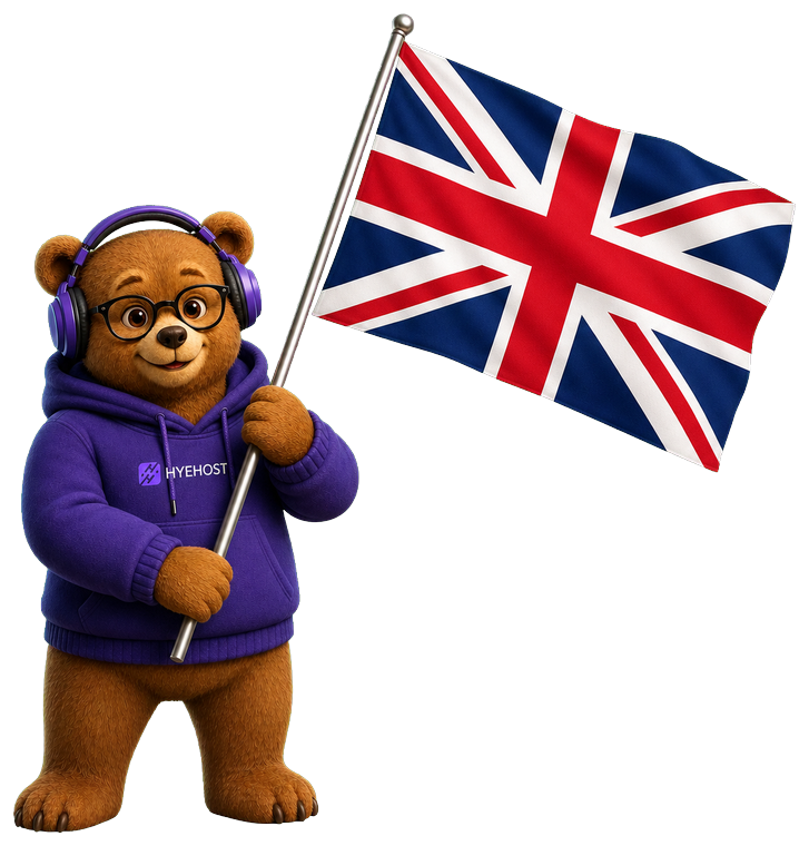 HYEHOST mascot holding an accurate United Kingdom flag