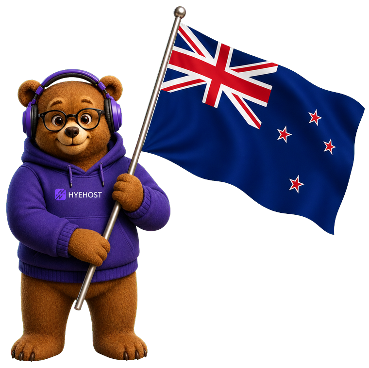HYEHOST mascot holding the New Zealand flag